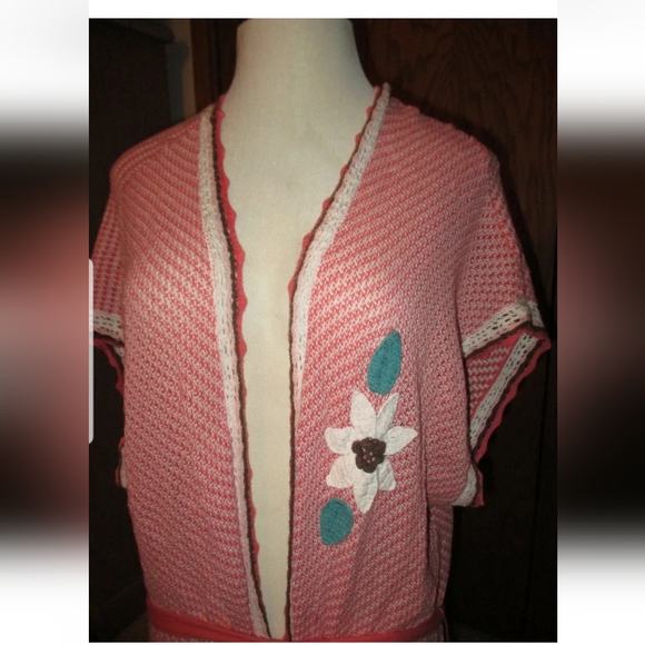 JAMIE GRIES Pink Cream Brown Mesh Knit Crochet Edge Tie Sweater Jacket Shrug 3X - Picture 2 of 4
